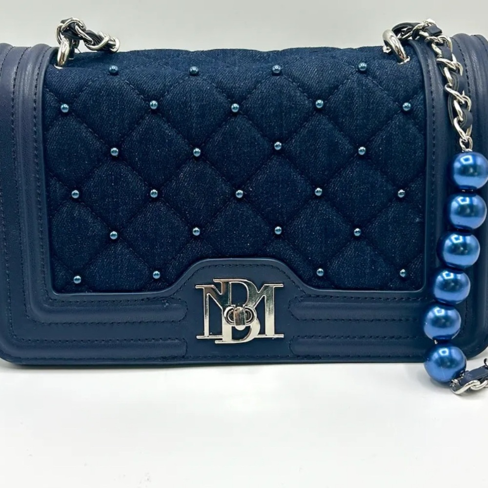 Blue Badgely Mischka  Quilted Chain Shoulder Bag pearl beads